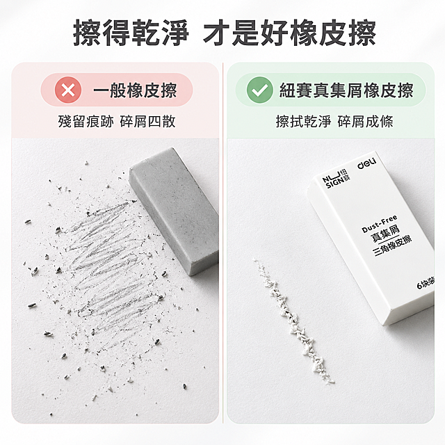 [主图-4] 擦拭效果对比图，左边普通橡皮擦擦拭后残留痕迹多、碎屑多，右边得力纽赛橡皮擦擦拭干净、碎屑少且成条，突出产品优势。
[统一基调] 台湾虾皮移动端风格，明亮清爽，左右对比构图，主色白色+浅灰，标题字深灰，强调色左边用浅红、右边用浅绿区分，无衬线粗体，圆角卡片。
[画面] 画面左右对半分对比布局。左侧：一支普通灰色长方形橡皮擦放在白纸上，纸上有明显的铅笔字擦拭残留痕迹和大量细碎散开的橡皮屑，上方标题「一般橡皮擦」，下方标注「殘留痕跡 碎屑四散」，用浅红色调暗示效果不好。右侧：一支白色三角得力纽赛橡皮擦放在白纸上，纸上铅笔字擦拭后几乎无残留痕迹，橡皮屑成一条完整的条状集中在一起，上方标题「紐賽真集屑橡皮擦」，下方标注「擦拭乾淨 碎屑成條」，用浅绿色调暗示效果好。中间用竖线分隔，顶部大标题「擦得乾淨 才是好橡皮擦」。右侧橡皮擦保持与原图一致的白色三角造型和NU SIGN字样。
[光影质感] 桌面俯拍视角，均匀柔和光线，纸张纹理真实，两侧光影一致，对比效果清晰直观，橡皮擦质感真实。
[配色] 背景浅灰白，左侧偏浅红灰调、右侧偏浅绿灰调形成对比，标题深灰，说明文字中灰，区分色柔和不刺眼。
[文字版式] 顶部居中大标题，左右两侧各有小标题和说明文字，文字对齐工整，层级清晰。所有可见文字为繁体中文。
[输出要求] 1:1正方形，对比清晰直观，产品外观准确，文字清晰，无水印无错字，画面整洁。