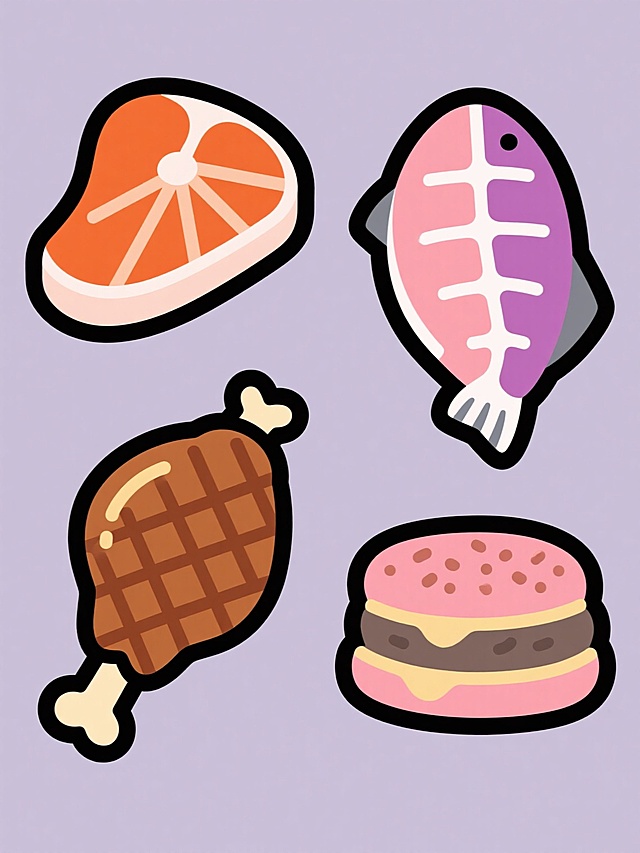 一组四个不同肉类食材的矢量插画集合，保持简约扁平风格，规整排布在纯色背景上。第一个是橙色系煎制牛排，切面有放射状纹理和浅橙白色脂肪层；第二个是粉紫色三文鱼排，带白色鱼骨线条和渐变鱼肉质感；第三个是棕褐色烤鸡腿，带网格状烤痕和浅黄皮下脂肪；第四个是灰粉色肉馅汉堡饼，表面有焦香纹理和肉汁光泽。所有元素均采用黑色描边，色块分明，无渐变过渡，保持统一的卡通插画风格，画面整体色彩明快且每个元素色彩区分明显。