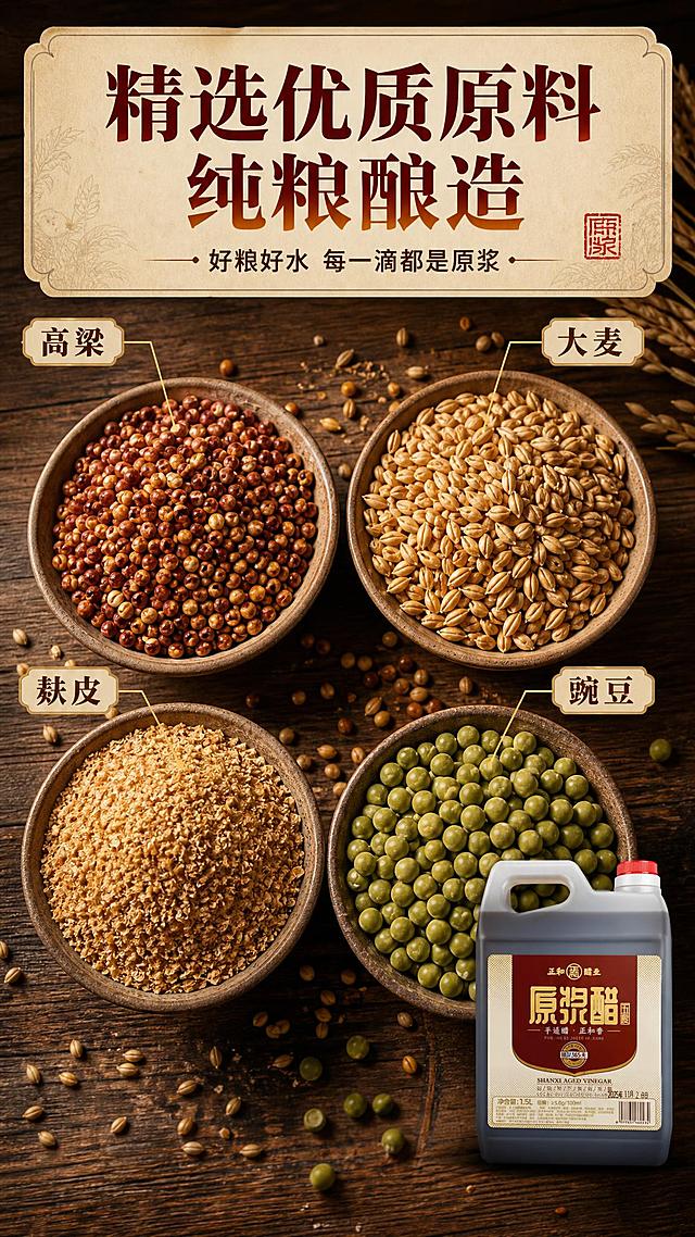 [商品] 使用【图1】正和醋业原浆醋（五度）1.5L桶装；保留桶身灰色半透明质感、红色瓶盖、白色提手、正面红金标签及所有标签文字，商品结构比例不变，标签清晰。产品位于画面右下角，占画面约25%，作为辅助展示。
[画面] 目标：精选优质原料专张，原料大尺度满铺展示。构图：上标题，中部主体为四大原料俯拍平铺大特写，高粱、大麦、麸皮、豌豆分别盛放在粗陶小碗中，颗粒饱满纹理清晰，单种原料占画面≥30%，主视觉原料合计≥60%。背景：深棕色木质台面，散落少量原料颗粒，右下角放置产品桶。原料真实自然，有微距质感。
[视觉] 套系策略：风格=中式传统烟火气高级商业摄影；标题字=宋体粗体带衬线，传统书法气质；正文字=简洁黑体；主色=深棕红（醋色）；背景延展=基于深棕红做深浅层级，暖木色台面+米黄宣纸质感底纹；强调色=金棕色，仅用于小面积图标、引线和标签高光；标题色=深棕红+金色渐变；正文色=深褐色；组件=圆角米黄底信息卡、细金线引线、印章式标签；光影=顶部暖柔光俯拍，原料颗粒有立体感和高光。
[文字] 顶部主标题"精选优质原料 纯粮酿造"，副标题"好粮好水 每一滴都是原浆"，四种原料分别用引线标注：【高粱】【大麦】【麸皮】【豌豆】，文字清晰不遮挡原料主体，所有文字横排。
[规格] 图片比例9:16竖版，4K，避免变形、错字、文字过小、冷蓝灰背景、原料不真实、绝对化用语。