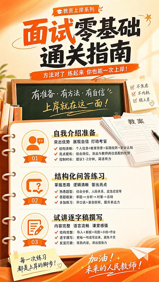 手机竖版职业教育教资上岸系列海报，主题面试零基础通关指南，核心内容包含自我介绍准备、结构化问答练习、试讲逐字稿撰写三个模块，暖橙色渐变背景搭配黑板和教案元素，积极励志风格，清晰文字排版适合手机观看