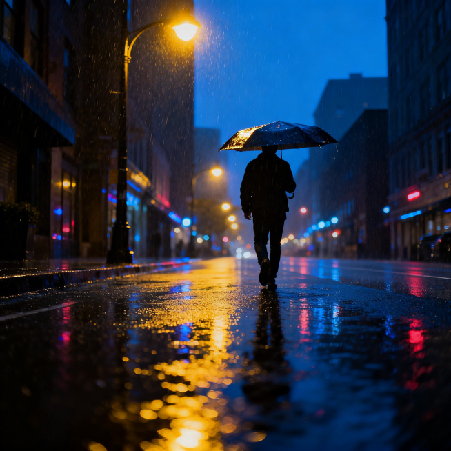 超写实城市风景，雨夜街道，湿滑路面反射霓虹灯光，路灯昏黄，行人撑伞，城市氛围感真实预览效果