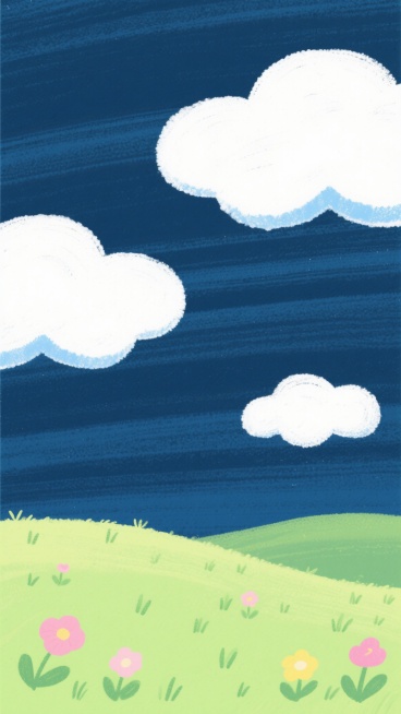 可爱风格背景插画，手绘质感，浅蓝色天空带有水平方向的纹理笔触，点缀着几朵蓬松的白色云朵，云朵边缘有淡淡的蓝色阴影，底部是起伏的绿色草地，草地上生长着零星的绿色小草和粉色、黄色的简化花朵，整体画面色彩明快柔和，充满童趣和宁静氛围，构图简洁开阔，线条圆润，适合作为可爱主题的背景使用。预览效果