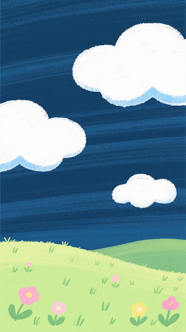 可爱风格背景插画，手绘质感，浅蓝色天空带有水平方向的纹理笔触，点缀着几朵蓬松的白色云朵，云朵边缘有淡淡的蓝色阴影，底部是起伏的绿色草地，草地上生长着零星的绿色小草和粉色、黄色的简化花朵，整体画面色彩明快柔和，充满童趣和宁静氛围，构图简洁开阔，线条圆润，适合作为可爱主题的背景使用。