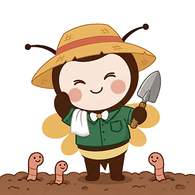 将蜜蜂身上穿的绿化工衣服颜色修改为深绿色，保持原有的其他元素、位置和整体画风不变
