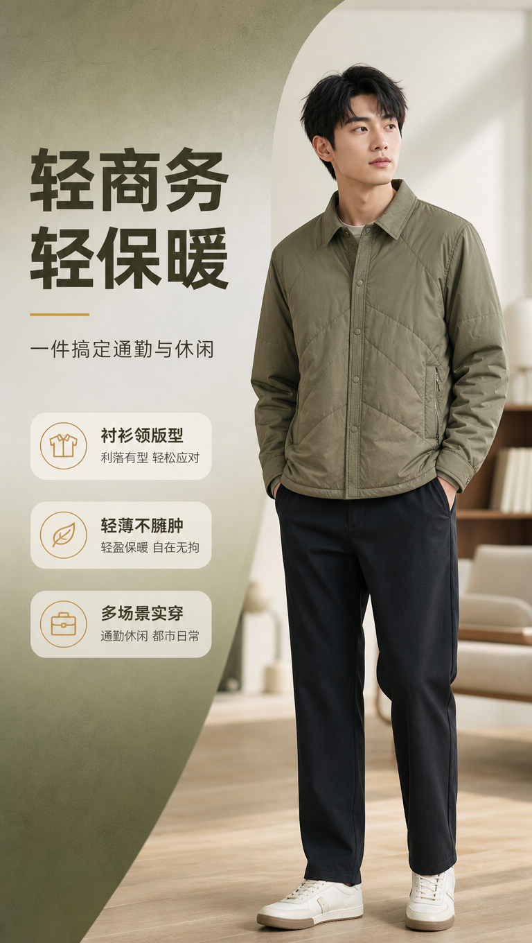 [商品] 使用【图1】橄榄绿男士轻薄衬衫领羽绒服；商品处理：保… - 图片创意预览