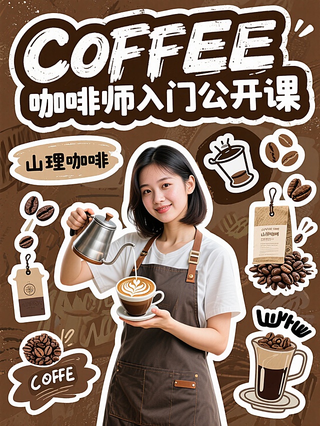 卡通感插画风，扁平拼贴设计，大字标题突出，趣味清新兼具时尚感，咖啡主题元素环绕，传递轻松愉悦的节日氛围。