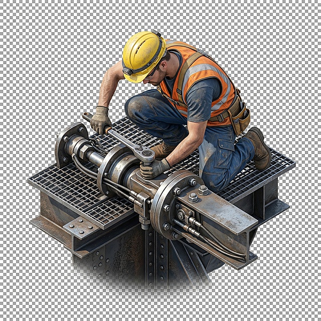 3D isometric working construction worker, top-down aerial perspective, only one main worker, wearing yellow safety helmet and orange reflective vest, in working pose installing building component with wrench in hand, realistic 3D photorealistic, detailed mechanical textures, clean transparent background, transparent PNG, high resolution 8K, no extra elements