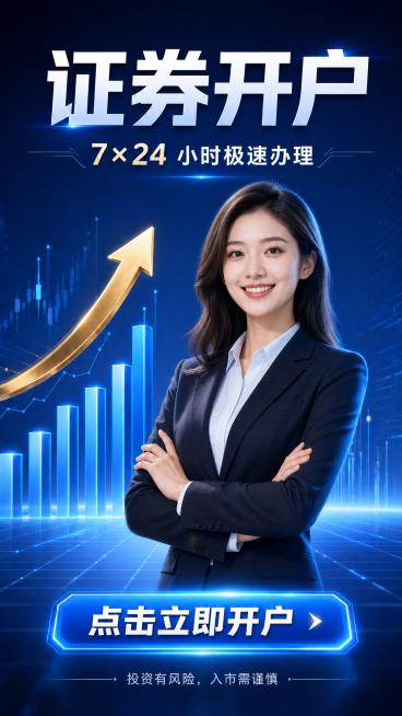 在原图基础上将中部的智能手机替换为专业干练的证券行业女工作人员形象，保持渐变商务蓝底色、科技简约风格不变，保留顶部文字"证券开户"和"7×24 小时极速办理"，保留左侧上扬金色箭头和蓝色柱状增长K线，预览效果