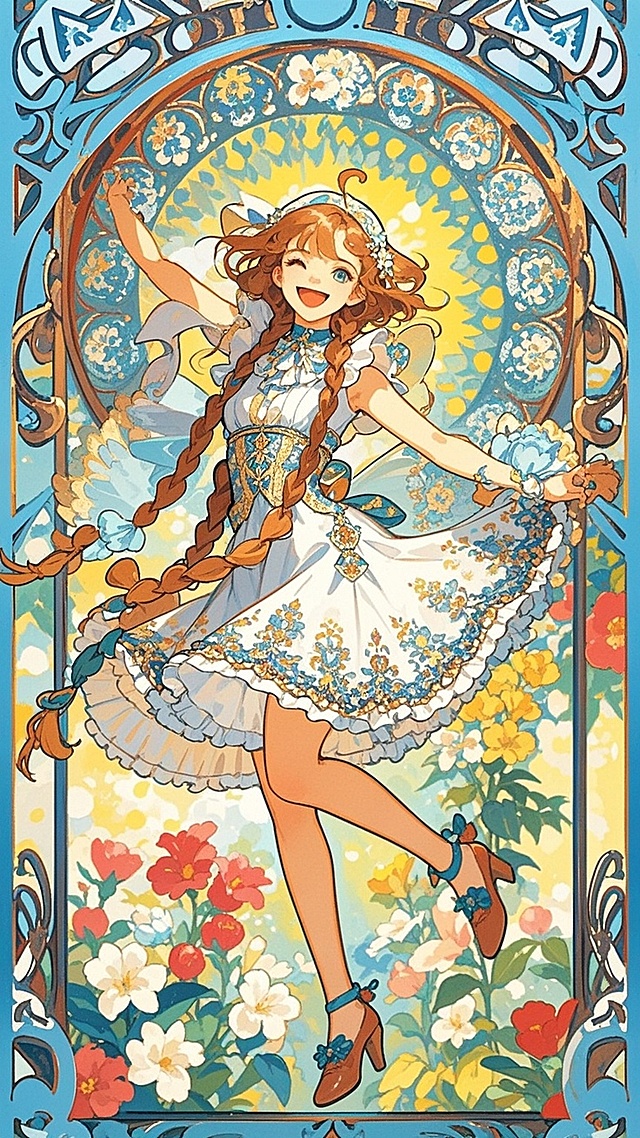 梦幻穆夏风，甜美少女跃动花海，开朗大笑，温柔阳光，水彩印象画派，整体色调为柔和的黄蓝配色，全身，梦幻的气氛