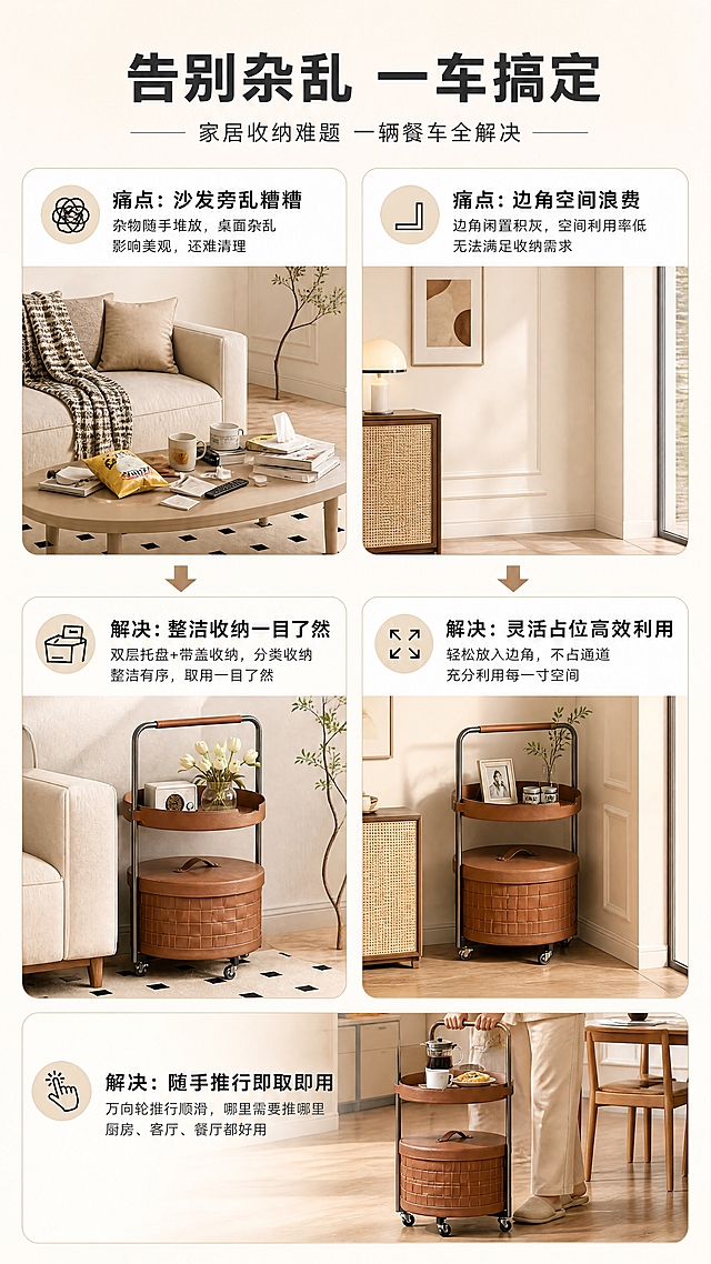 [商品] 使用【图1】DS-8809餐车棕色款；保留双层托盘、带盖收纳桶、编织马鞍皮、不锈钢框架、万向轮、提手的完整结构与材质；商品处理：清晰化产品细节，保持原貌不变。
[画面] 目标：痛点与解决页，呈现家居收纳痛点并对应餐车解决方案。构图：上下分栏，上半部分2格痛点小场景，下半部分2格解决后场景，中间用箭头连接。痛点场景：①沙发旁杂物散落凌乱 ②边角空间浪费 ③拿取物品不便；解决场景：①餐车收纳整洁有序 ②边角灵活利用 ③随手推行即取即用。每个小场景配简笔图标与短文案。
[视觉] 套系策略：风格=亮色调轻奢家居商业摄影；标题字=现代无衬线粗黑体（思源黑体Heavy）；正文字=简洁无衬线体（思源黑体Regular）；主色=奶杏白+浅棕驼色；背景延展=基于奶杏白做深浅层级、同色渐变和细腻墙面/织物质感；强调色=灰钛金属色，仅用于小面积图标、引线和标签；标题色=深炭灰；正文色=中暖灰；组件=圆角浅底信息卡、细线箭头、轻奢质感图标；光影=左前侧柔和自然光，整体明亮通透。
[文字] 顶部主标题"告别杂乱 一车搞定"，副标题"家居收纳难题 一辆餐车全解决"；4格分别标注：「痛点：沙发旁乱糟糟」→「解决：整洁收纳一目了然」、「痛点：边角空间浪费」→「解决：灵活占位高效利用」；每格配短说明文字，所有文字横向排版，层级清晰。
[规格] 淘宝/天猫详情页 9:16竖版，4K分辨率，负向提示：避免变形、错字、文字过小、冷蓝/蓝灰背景、产品结构改变、夸张恐吓式痛点、平台Logo水印。