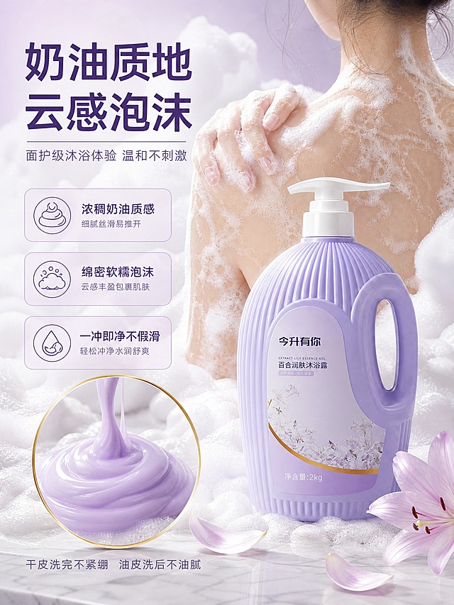 [主图-3] 奶油质地云感泡沫 质地肤感主题。
[统一基调] 高级香氛沐浴质感 淡紫柔金配色 绵密泡沫氛围 主标题用干净非衬线粗体深紫色 辅助文案用浅紫色细体 整套统一视觉语言。
[画面] 画面右侧是今升有你百合润肤沐浴露紫色大瓶 瓶身清晰 放置在满是绵密白色泡沫的大理石台面上 左侧前景有一团挤出的淡紫色奶油质地沐浴露 呈现浓稠拉丝质感 被金色圆环框住特写 背景是一位年轻女性的背部与肩部特写 皮肤上覆盖丰富绵密的泡沫 手正在肩部涂抹 只露出背部与手臂 不露出面部 周围漂浮大量云朵般的白色泡沫 百合花瓣点缀其间。
[光影质感] 商业摄影质感 柔和顶光 泡沫呈现蓬松柔软的光影层次 奶油质地有细腻光泽 皮肤水润有光泽 产品融入场景自然。
[配色] 主色白色与淡紫色 皮肤自然色调 背景浅紫渐变 整体干净柔软。
[文字版式] 画面左上方大标题"奶油质地 云感泡沫" 深紫色粗体 下方小字"面护级沐浴体验 温和不刺激" 浅紫色细体 左侧竖排三个圆角图标卡片 分别写"浓稠奶油质感 细腻丝滑易推开""绵密软糯泡沫 云感丰盈包裹肌肤""一冲即净不假滑 轻松冲净水润舒爽" 底部小字"干皮洗完不紧绷 油皮洗后不油腻" 文字放在左侧负空间 不遮挡产品。
[输出要求] 比例3:4 文字清晰可读 产品清晰不变形 人物背部自然 无错字 无水印 无平台Logo。