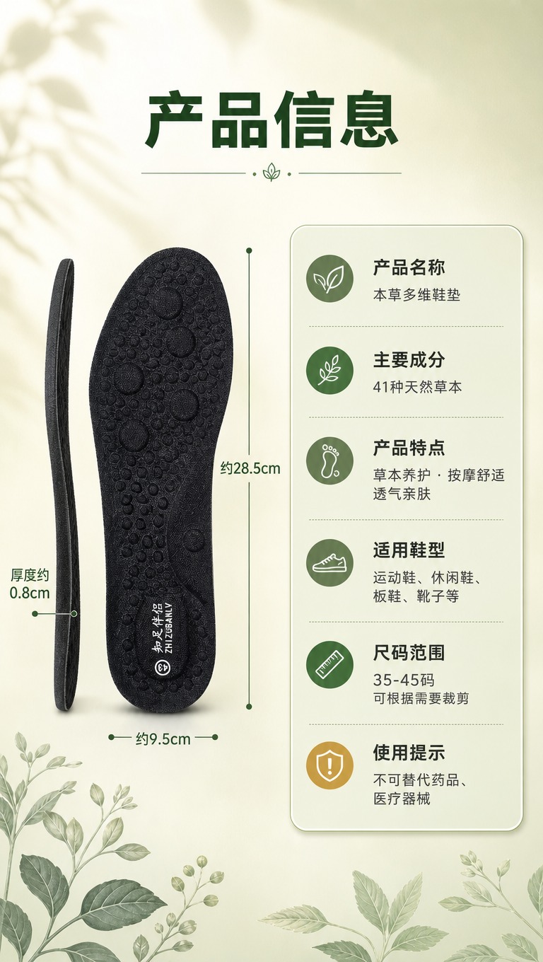 [商品] 使用【图1】黑色本草多维鞋垫；保留整体结构、按摩凸点… - 图片创意预览