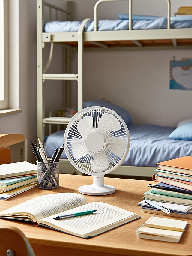 简约现代风格，清新舒适感，书桌与风扇设计体现极简主义美学。