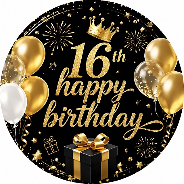 黑金配色的3D风生日贺图，融合金属质感与闪耀粒子效果，金色气球、皇冠与礼盒点缀，呈现奢华未来感的16岁生日庆典。
