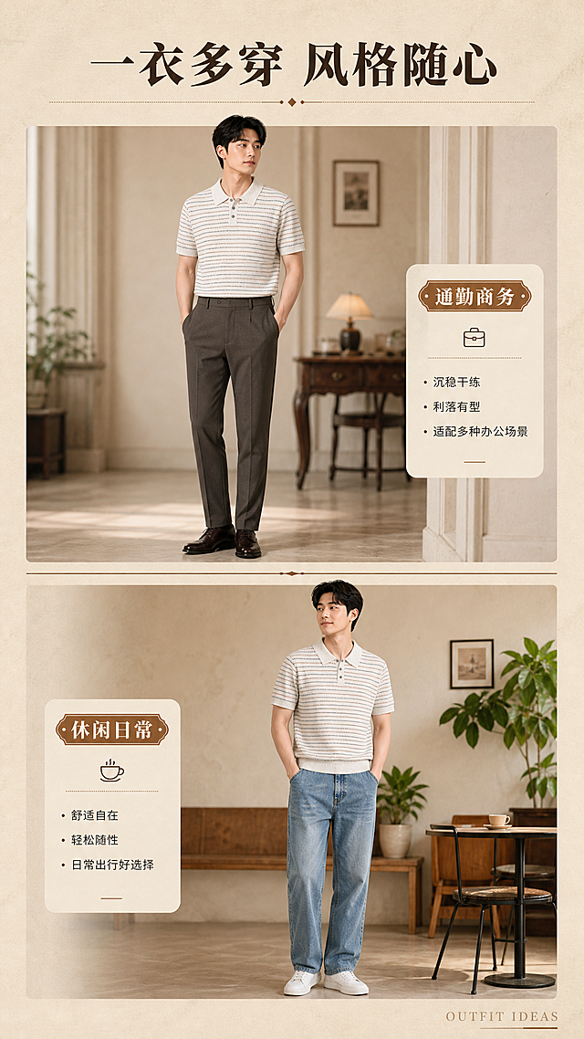[商品] 使用【图1】男士复古条纹针织短袖Polo衫；商品处理：保留Polo翻领、三粒扣门襟、米杏色底+棕/灰/蓝撞色细条纹、针织短袖、罗纹下摆、整体版型和颜色；自然去除衣身杂乱褶皱，理顺垂坠，增强针织纹理、缝线和纽扣质感，不改变版型结构。
[画面] 目标：搭配灵感页，展示通勤与休闲两种穿搭风格。构图：上下两栏布局，上栏为亚洲男士模特搭配西裤+皮鞋的通勤造型全身图，下栏为同模特搭配牛仔裤+小白鞋的休闲造型全身图，两栏中间有分隔线和风格标签。主体各占画面40%，背景为浅米杏色，带轻微场景虚化。阅读动线上到下。
[视觉] 套系策略：风格=轻复古杂志画报风商业摄影；标题字=复古衬线粗体；正文字=简洁无衬线体；主色=米杏色；背景延展=基于米杏色做深浅层级、同色渐变和细腻纸张/织物质感；强调色=焦糖棕，仅用于小面积图标、引线和标签；标题色=深炭棕；正文色=中暖灰；组件=圆角浅底信息卡、细线引线、复古标签；光影=左前侧暖柔光，柔和阴影。
[文字] 顶部主标题「一衣多穿 风格随心」。上栏标签「通勤商务」，下栏标签「休闲日常」。右下角小字英文装饰「OUTFIT IDEAS」。文字横排，不遮挡人物和服装主体。
[规格] 图片比例9:16竖版，2K，避免变形、错字、文字过小、冷蓝背景、衣服颜色改变、版型失真、极限词。