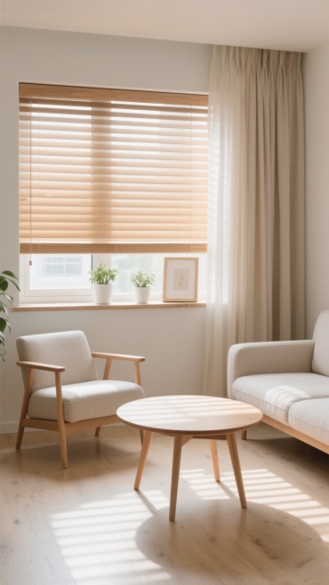 北欧风格室内场景，柔和自然光透过木质百叶窗在浅色木地板和圆形木质桌面上投下清晰的光影条纹，背景有米色垂坠感窗帘，窗台上摆放简约白色花盆绿植和浅色相框，整体色调以原木色、米白色、浅灰色为主，光线明亮温暖，氛围宁静舒适，空间布局简洁通透，不同的简约现代家具摆设布置，浅色布艺沙发，整体设计简约自然且富有生活气息。预览效果