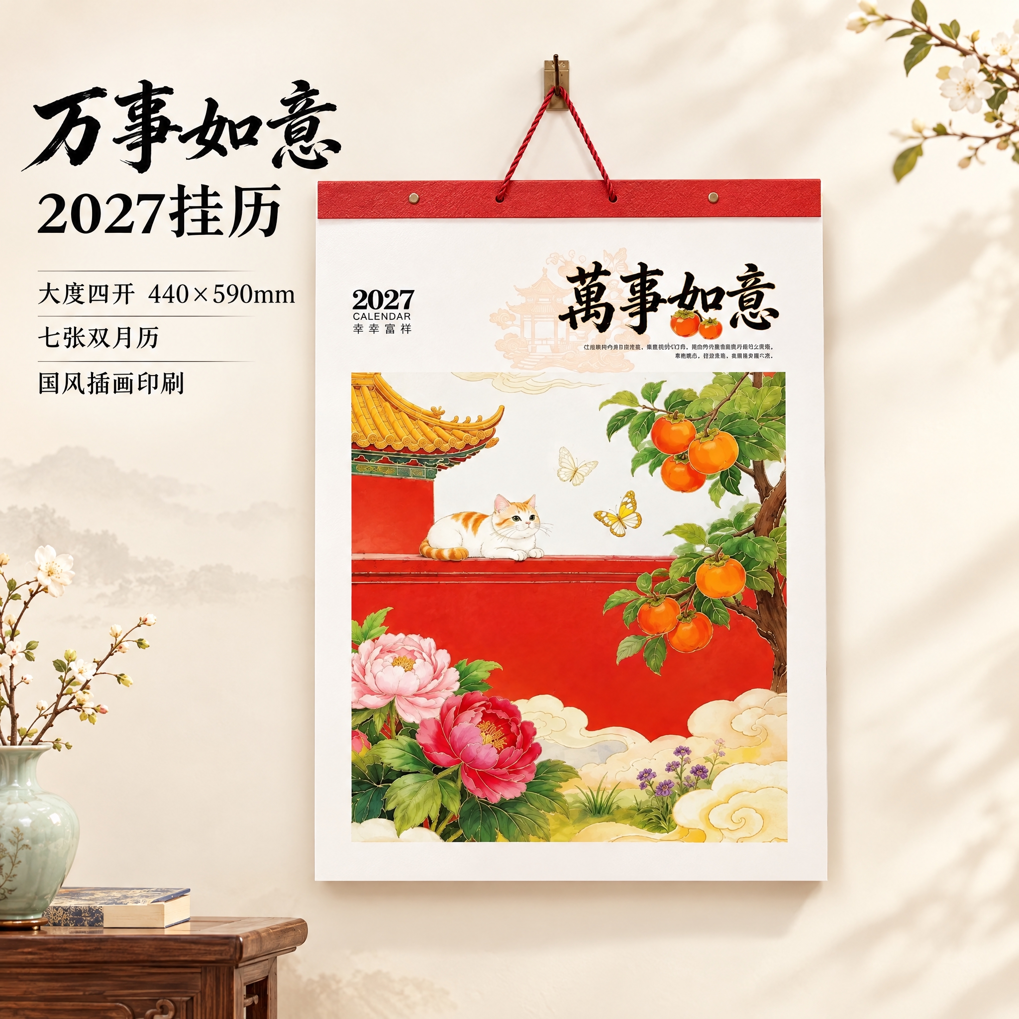 生成万事如意款挂历主图。新中式雅致风格，米白色渐变背景，清新雅… - 图片创意预览