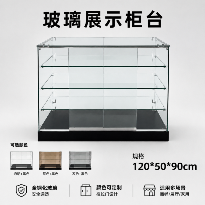 「图片1」根据此图片，生成一套主图（5张）+5 张场景详情页图 ，商品名称是玻璃柜台，卖点是底座是贴面密度板（颜色可更换，白色，黑色，木纹色等等，颜色可改），120*50*95cm）卖点是上面是全钢化预览效果