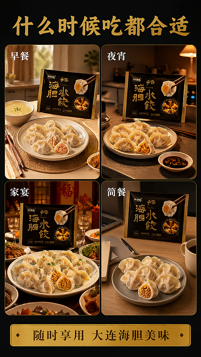[第5张] 场景种草-多种食用场景拼图。本张使用【图1】作为产品包装参考，每个场景中露出产品包装袋。
[氛围/风格] 生活方式场景风，温暖烟火气，商业摄影质感。
[元素布局] 画面采用2×2四宫格圆角卡片拼图，每张卡片为一个食用场景：左上「早餐时光」- 餐桌上一盘水饺配小米粥和小菜；右上「夜宵解馋」- 深夜厨房水饺配蘸料，暖黄灯光；左下「家宴待客」- 团圆餐桌上海胆水饺作为硬菜；右下「快手简餐」- 办公室或一人食场景。每个场景中都自然摆放产品包装袋。
[光影质感] 各场景统一暖色调柔光，温馨有生活气息，水饺在各场景中清晰可见。
[配色色系] 全局底色 #1F1F1F 深黑；主色 金色#D4AF37；辅助色 暖橙、米白、深棕。
[视角构图] 四宫格竖拼构图，阅读动线顶部标题→四格场景→底部总结语。
[文字版式] 顶部主标题「什么时候吃都合适」金色大字；四格场景各配白色小字标签：「早餐」「夜宵」「家宴」「简餐」；底部金色横条配文字「随时享用 大连海胆美味」；字体与第1张统一。
[比例分辨率] 9:16 竖版比例，4K 分辨率，文字清晰可辨，高清画质。
[负向提示词] 场景杂乱，包装变形，文字过小，水印，出现手工制作字样。