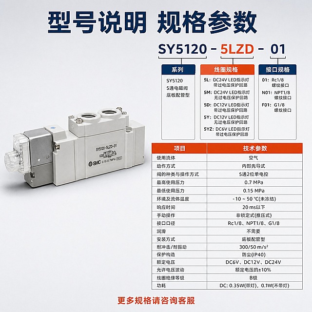 [主图-5] SMC电磁阀规格参数图，型号说明与技术参数表。
[统一基调] 工业专业品质风；背景主色=浅灰白渐变；标题字色=深蓝；辅助字色=深灰；强调色=橙红色；字体=粗黑无衬线工业字体；表格样式=细线边框规整表格；整体清晰易读。
[画面] 左侧为电磁阀产品图，45度视角，占画面约40%，外观与输入图一致。右侧为型号拆解说明和参数表格区域。上方是型号SY5120-5LZD-01的拆解示意，用分段标注解释各字母数字含义。下方是主要技术参数表，包含工作压力、动作方式、接口口径、额定电压等关键参数。背景为浅灰白色渐变，干净整洁。
[光影质感] 产品图保持商业摄影质感，清晰锐利，底部有柔和投影。参数区域为平面信息设计，清晰规整。
[配色] 浅灰白背景 + 深蓝标题 + 深灰正文 + 橙红色表头强调；信息清晰易读。
[文字版式] 顶部大标题"型号说明 规格参数"；右上型号拆解区：SY5120=系列 5LZD=线圈规格 01=接口规格；右下参数表，表头橙红色底白字，内容深灰字；底部一行"更多规格请咨询客服"。全部文字横排，表格规整，手机端可读。
[输出要求] 1:1正方形，参数文字清晰可读，产品清晰，无错字，无水印无平台Logo。