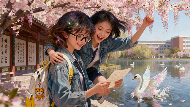 中景，明快色调，写实带奇幻氛围感，春日海棠花树下，林晓看完妈妈回信笑出梨涡，张瑶跳起来搂住林晓肩膀欢呼，小天鹅扑腾翅膀飞到湖面，白色翅膀溅起细碎水花，春日阳光洒落，保留林晓和张瑶原有的相貌特征