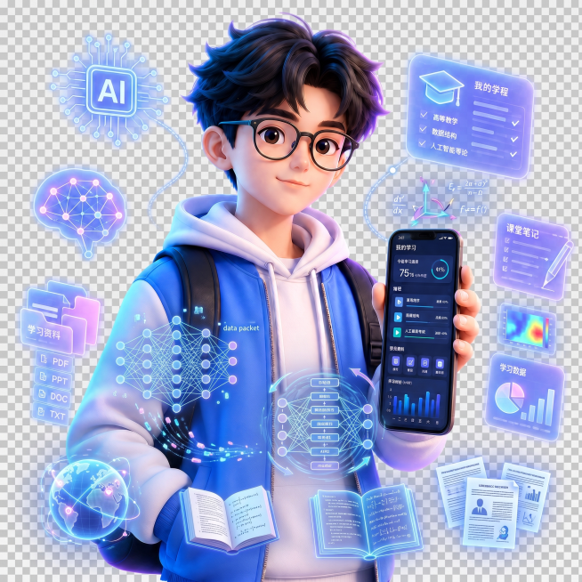 保留原图主体，增加更多AI学习和大学生学习相关发光悬浮元素，保持透明PNG背景，维持3D卡通风格预览效果