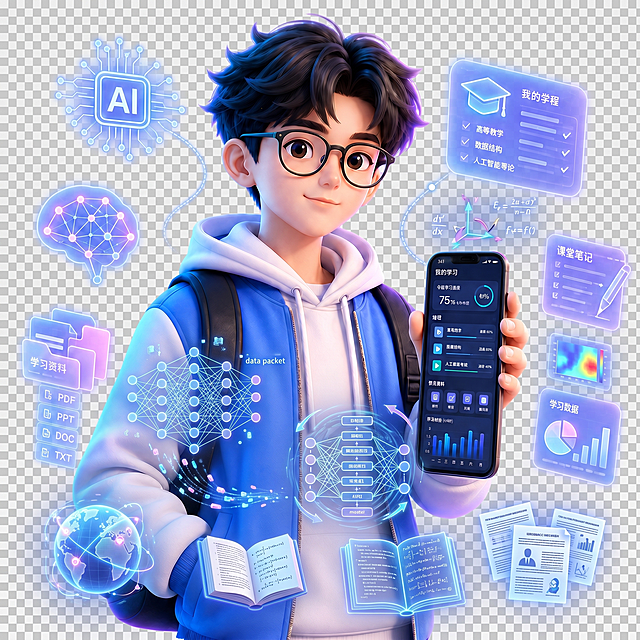保留原图主体，增加更多AI学习和大学生学习相关发光悬浮元素，保持透明PNG背景，维持3D卡通风格