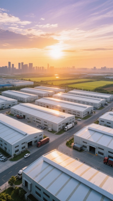 从高空俯瞰的现代化大型工业园区全景，以整齐排列的银白色金属屋顶工业厂房为主体，建筑线条简洁规整，厂区道路宽阔，停放着运输车辆，远处可见城市高楼轮廓与绿色田野。画面沐浴在温暖的夕阳金光中，天空呈现从橙黄到淡紫的渐变晚霞，云层柔和，阳光在厂房顶部形成明亮的反光和清晰的阴影，整体氛围展现出工业发展的秩序感与傍晚时分的宁静壮丽，具有高度清晰的摄影质感和开阔的空间透视。预览效果