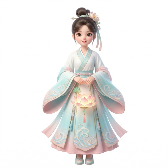 卡通3D国风少女IP形象，少女手持清辉莲灯，穿着楚风直裾，服饰为白色、淡青色、淡粉色渐变国风配色，佩戴莲花配饰，衣袂带有流水纹样，正面全身构图，居中对称，纯色白底背景，高清8K，细节精致，高辨识度，卡预览效果