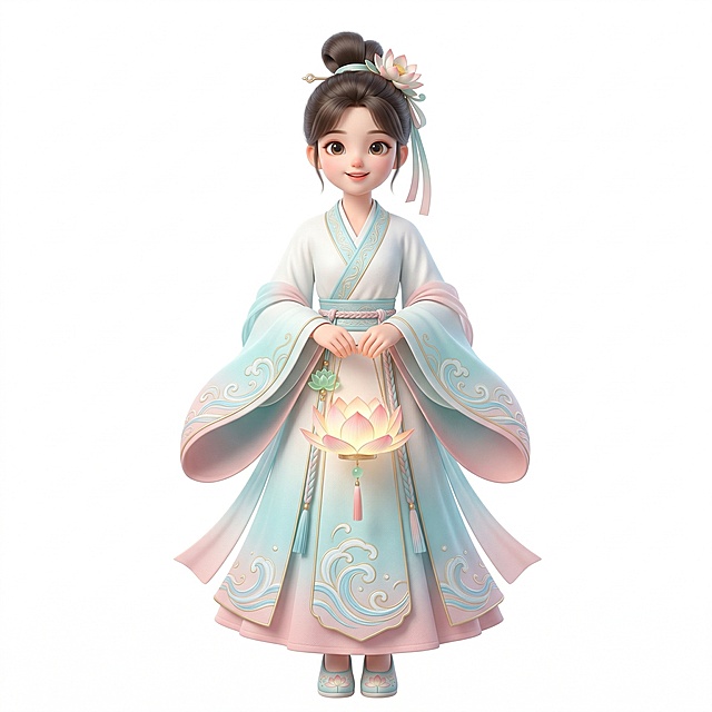 卡通3D国风少女IP形象，少女手持清辉莲灯，穿着楚风直裾，服饰为白色、淡青色、淡粉色渐变国风配色，佩戴莲花配饰，衣袂带有流水纹样，正面全身构图，居中对称，纯色白底背景，高清8K，细节精致，高辨识度，卡通3D风格