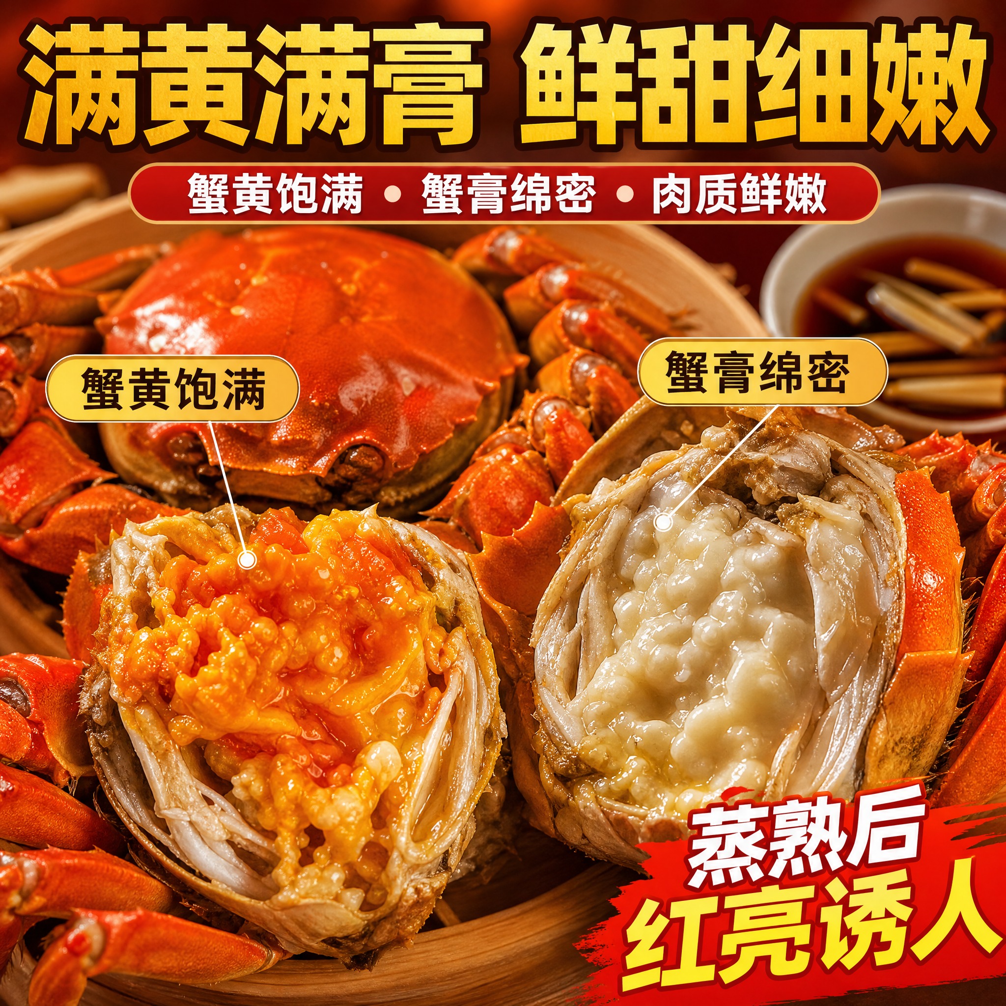 [主图-3] 大闸蟹蒸熟后蟹黄蟹膏图 突出满黄满膏 肉质鲜嫩… - 图片创意预览
