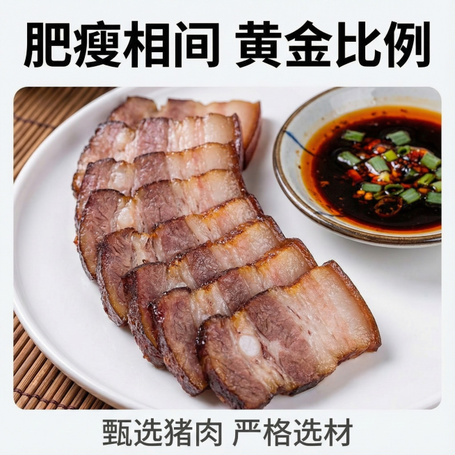 这张图片是产品主体这款产品是广式腊肉 我需要设计20张主图在拼多多上面售卖    主图场景布局可以用厨房 炒腊肉 腊肉细节等设计一个高级有食欲一些主图文案内容 正宗广式腊肉 厂家直销 新鲜现货 咸甜相预览效果