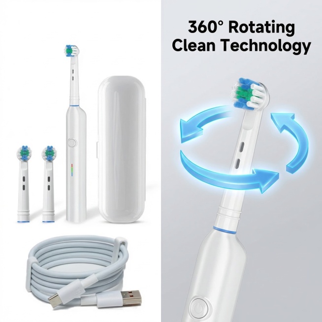 800x800 square image, left side: exact replica of the electric toothbrush product (main unit, 2 brus预览效果