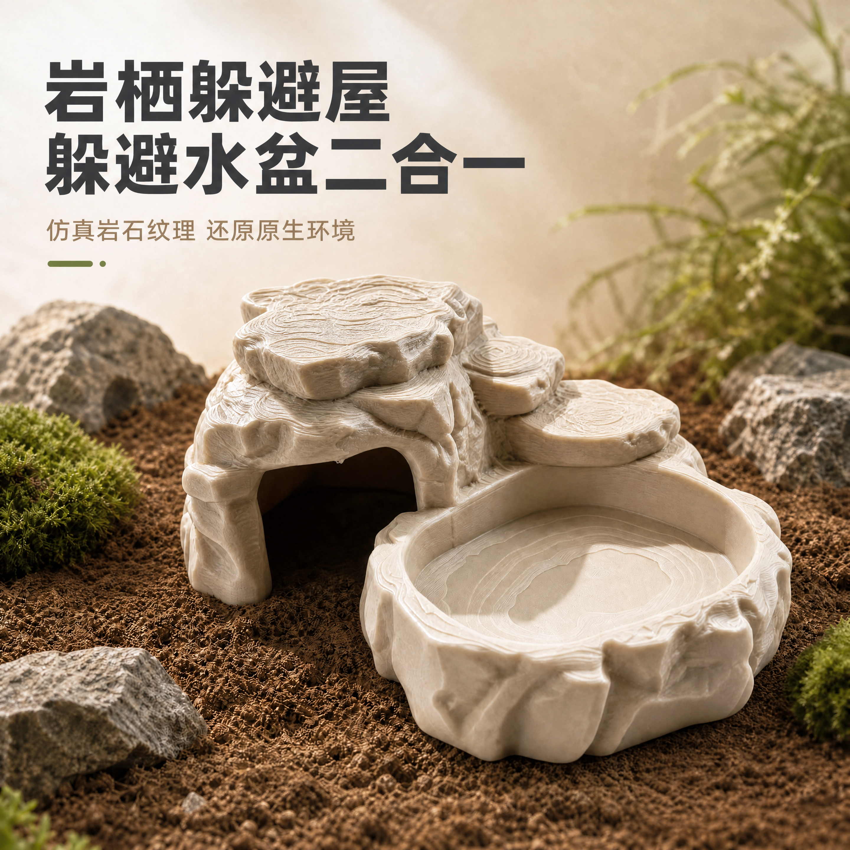 保留左上角主标题"岩栖躲避屋 躲避水盆二合一"和副标题"仿真岩… - 图片创意预览