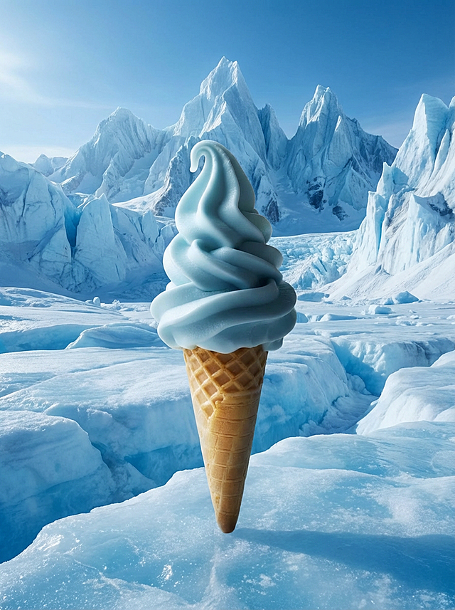 梦幻蓝冰激凌悬浮于极地冰川，3D超现实风格，玻璃质感与清爽冷调交织，虚拟现实中的清凉奇境。