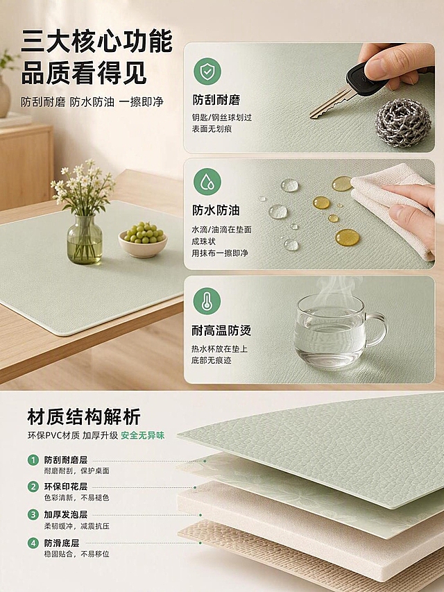 [商品] 使用【图1】家具垫产品；商品处理：保留浅绿色家具垫材质、颜色和质感；放大展示家具垫表面纹理与材质细节，做功能演示场景。
[画面] 目标：材质功能证明页，展示三大核心功能。上半部分左侧主标题区，右侧三大功能分栏展示：1.防刮耐磨（钥匙/钢丝球划过桌面垫，表面无划痕）；2.防水防油（水滴/油滴在垫面成珠状，用抹布一擦即净）；3.耐高温防烫（热水杯放在垫上，底部无痕迹）。下半部分展示材质横截面分层结构示意，配材质说明文字。整体场景为原木奶油风桌面，暖光柔和。
[视觉] 套系策略：风格=原木奶油风3D立体渲染商业图；标题字=现代黑体粗体；正文字=简洁黑体；主色=浅薄荷绿+原木色；背景延展=米白色+原木色桌面做同色系深浅层级；强调色=薄荷绿，用于功能图标和高亮；标题色=深炭灰；正文色=中暖灰；组件=圆角功能卡片、圆形图标、细线引线；光影=顶部暖柔光，柔和阴影。
[文字] 左上主标题"三大核心功能 品质看得见"，副标题"防刮耐磨 防水防油 一擦即净"。三个功能卡片标题：防刮耐磨、防水防油、耐高温防烫。底部材质说明：环保PVC材质 加厚升级 安全无异味。所有文字横排，移动端可读。
[规格] 图片比例3:4竖版，4K，避免变形、错字、文字过小、冷蓝灰色调、材质失真。
