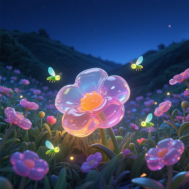 夜色，满山遍野开满各种颜色的野花，每一朵花都是透明的能发出亮光，布满整个画面，绵延的山坳都亮闪闪的，犹如梦幻仙境，有几只萤火虫在飞舞。