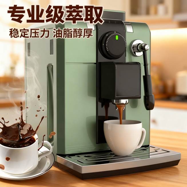 [主图 2] 专业级萃取核心卖点展示
[氛围风格] 温馨舒适家居治愈风，自然暖光氛围
[画面元素] 商业摄影质感，光线柔和通透，产品清晰真实，画面干净高级。保持原复古绿色咖啡机外观完全一致，展示咖啡机预览效果