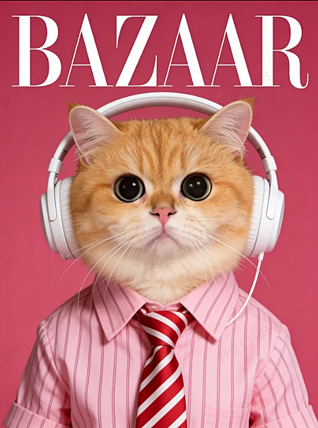 图示宠物身着粉色条纹衬衫搭配红白条纹领带，佩戴白色头戴式耳机，神态呆萌又透着精致感；背景为柔和的玫红色纯色底，简洁干净的色调突出宠物主体；画面顶部醒目呈现 “BAZAAR” 标志性艺术字样，还原时尚刊版式；整体采用高饱和柔粉色调，居中构图聚焦宠物，使其紧凑占据画面核心区域。