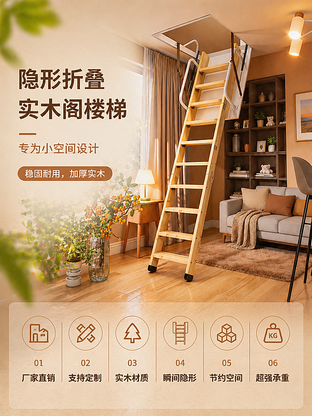 调整画布高度，抬高楼梯展示位置，下方卖点文字的底色调整得更透明，比例为3:4，保留原海报内容：主标题"隐形折叠实木阁楼梯"，副标题"专为小空间设计"，宣传语"稳固耐用，加厚实木"，下方六大优势：1.厂家直销 2.支持定制 3.实木材质 4.瞬间隐形 5.节约空间 6.超强承重，保持暖色调居家风格