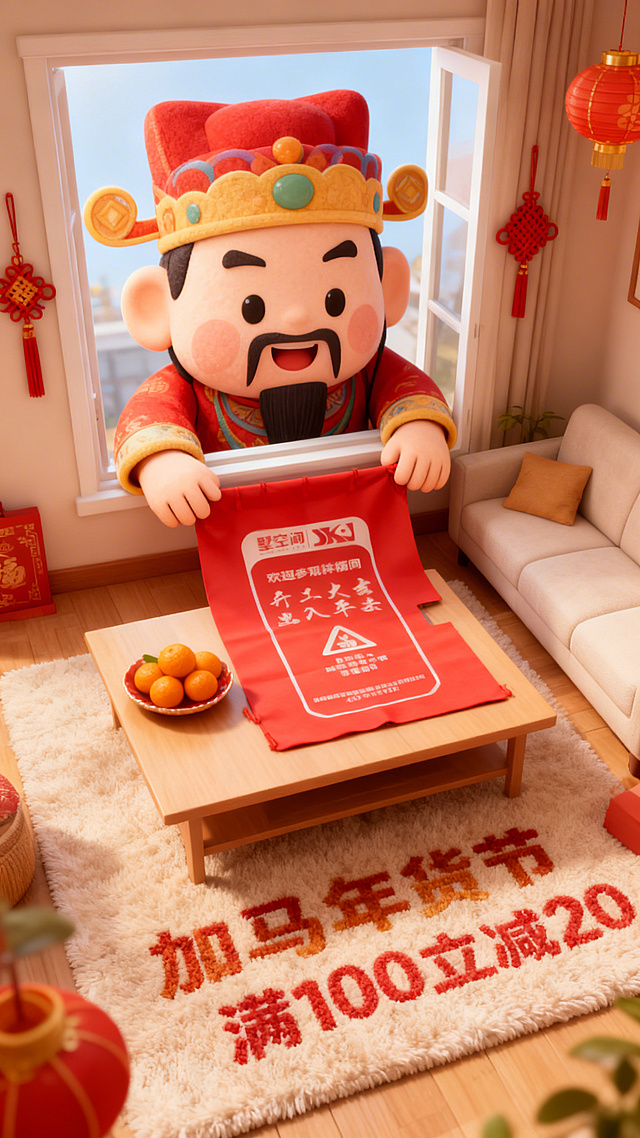 3d卡通风格，客厅景观。Q版巨大灶王爷（形象软萌）从窗户外探身进来，双手把图中主体放在客厅桌上（桌面摆放橘子、果盘），客厅装饰中国结、灯笼元素，暖色调喜庆氛围，画面底部毛绒地毯上绣着“加马年货节”“满100立减20”，轻微俯拍视角。