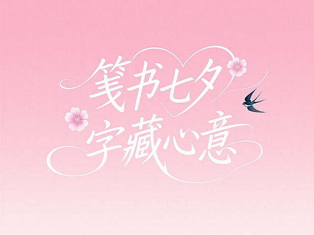 甜美浪漫的插画风设计，清新粉色背景，大字心形布局，七夕节日氛围浓厚。