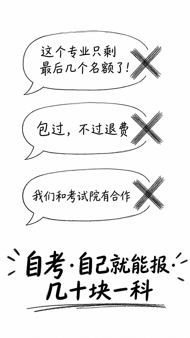 手绘涂鸦风格，极简简笔画，黑白线稿，随意铅笔线条，温馨日记漫画风格，干净白色背景，大量留白，纯线条艺术，9:16竖屏，三个对话气泡从上到下并排，三句话分别是：第一句"这个专业只剩最后几个名额了！"，第二句"包过，不过退费"，第三句"我们和考试院有合作"，每个气泡上都打一个铅笔大叉，底部用加粗坚定线条手写大字"自考·自己就能报·几十块一科"