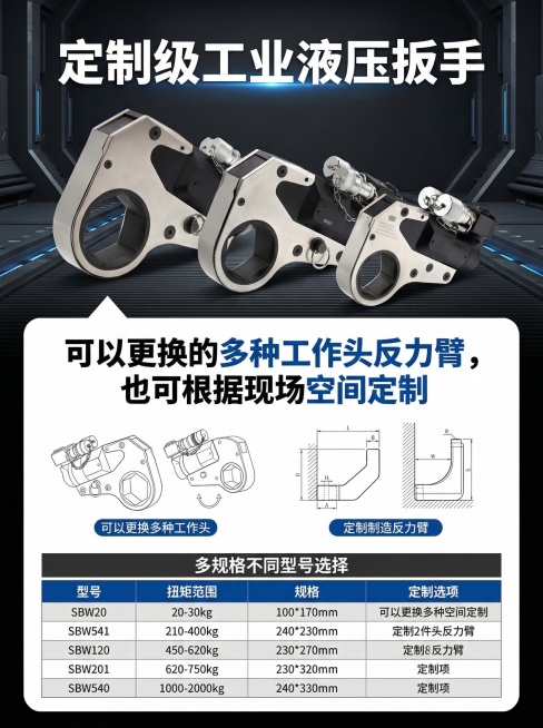 工业电商产品详情页，介绍定制能力，搭配文字"可以更换的多种工作头反力臂，也可根据现场空间定制"，展示多规格不同型号扳手，专业工业风排版预览效果