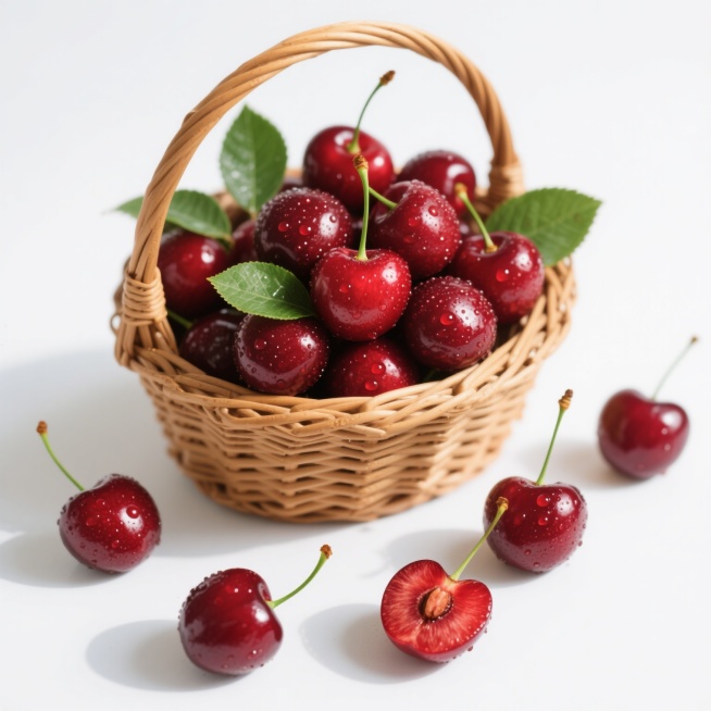 一个装满新鲜樱桃的浅棕色编织藤篮，樱桃果实呈现鲜艳饱满的深红色，表面覆盖着晶莹剔透的水珠，反射出明亮的光泽。藤篮的编织纹理清晰可见，呈现自然的棕黄色，篮柄微微弯曲。篮中樱桃大部分带有翠绿的果柄，几片嫩绿的樱桃叶穿插其中，增添生机。篮子前方散落着四颗完整的樱桃和一颗被横向切开的樱桃，切面露出鲜红的果肉和细小的果核，切面同样带有湿润的光泽。整个画面背景为纯白色，光线明亮柔和，从上方偏前方照射，在樱……预览效果