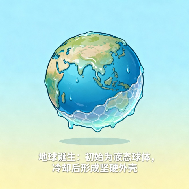 根据以下描述，生成卡通图片：

第1张图：我们人类地球大概已经有45.4亿岁，它刚出生的时候只是一颗由液体组成的球，这个球很胖很胖，过了一段时间之后慢慢冷却下来，形成了一层很坚硬的外壳。
第2张图：这预览效果