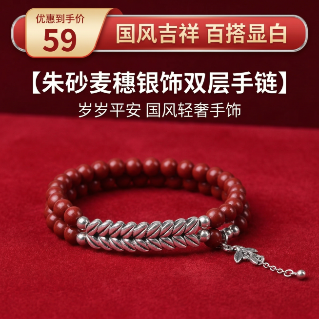 1:1竖版正方形电商主图，严格还原上传的产品图，包括朱砂麦穗银饰双层手链的造型、配色、纹路、细节结构等所有细节；产品外观必须与参考图完全一致，不得改变手链配色、造型结构或装饰元素；保持产品的真实材质质预览效果