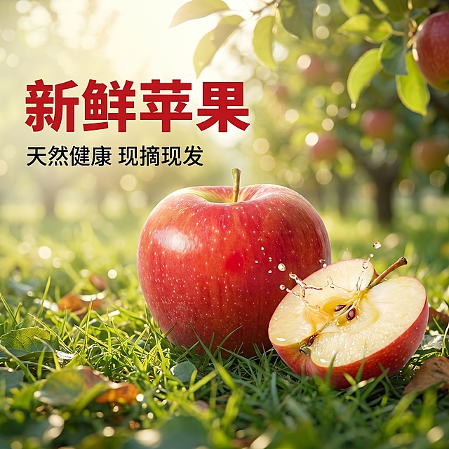 [主图 1] 新鲜苹果首图，展示健康食欲感；保持苹果外观、红色表皮带白色果点、果柄特征与原图绝对一致，杜绝任何变形和色差；商业摄影质感，光线自然柔和通透，产品清晰真实，画面干净高级饱满；新鲜红苹果居中放置，背景为晴朗绿色苹果园远景，自然阳光透过树叶洒下，带轻微光斑；苹果下方有新鲜青草和落叶铺垫，一颗切开一半的苹果放在旁边展示水润果肉，几滴新鲜果汁从切面飞溅出来，增强食欲感；左侧负空间放置文案，主体标题"新鲜苹果"大字加粗红色，下方副标题"天然健康 现摘现发"小字黑色，文字不遮挡苹果主体，整体风格多元素自然清新，商品主体占比70%左右；光影为自然暖逆光，勾勒苹果轮廓，通透有光泽，背景虚化突出主体；主色调红色苹果搭配绿色果园背景，对比鲜明；视角平视，景深自然；文字左对齐留安全边距，主标题大粗体，副标题小一半，深字浅色背景高对比度；比例1:1，2k分辨率，超高清文字清晰；负向提示词：变形，水印，文字错乱，产品模糊，背景杂乱，色差，扭曲