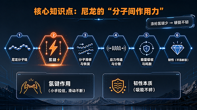 PPT知识点页，16:9，户外科技风，背景深灰蓝渐变从#1A2A3A到#0F1A24，顶部居中标题"核心知识点：尼龙的“分子间作用力”"亮橙色#FF8C42加粗48pt，页面中央水平流程图逻辑链：尼龙分子链 → 氢键⚡ → 分子滑移与恢复 → 韧性，共六个横向节点，氢键用亮橙色⚡高亮，下方左右并排两个框：左侧"氢键作用（小手拉住，滑动不断）"，右侧"韧性本质（吸能不碎）"，右上悬浮侧标"涤纶氢键少 → 硬挺不韧"文字银白#E0E0E0，整体上下分割水平流程图居中构图，文字框半透黑底圆角内边距12px
