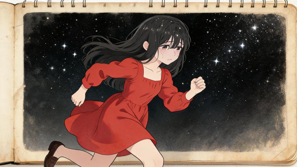打开一本旧素描本，画中是提供参考图的这个小女孩，她穿着鲜亮的红色裙子，站在繁星点点的黑色夜空下奔跑。红色的色彩鲜艳而生动，与布满灰尘的黄色纸张形成了鲜明的对比，呈现出一种神奇的艺术风格。2D超现实动漫预览效果